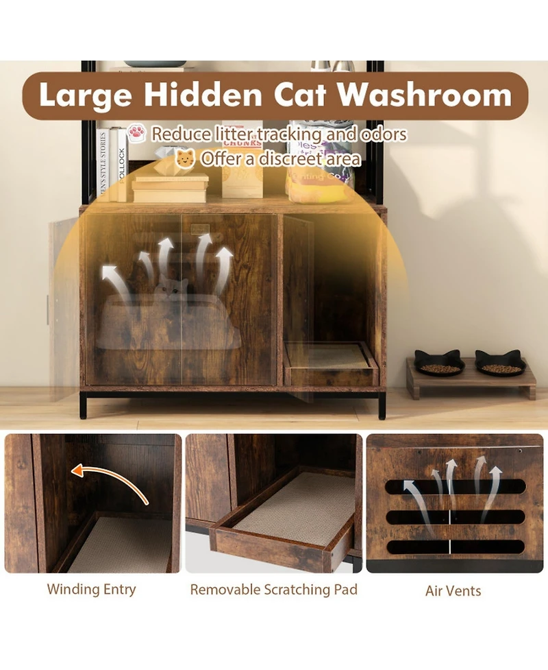 Hongge Tall Cat Litter Box Enclosure with 3-Tier Storage Shelves Ventilated Cabinet and Scratcher