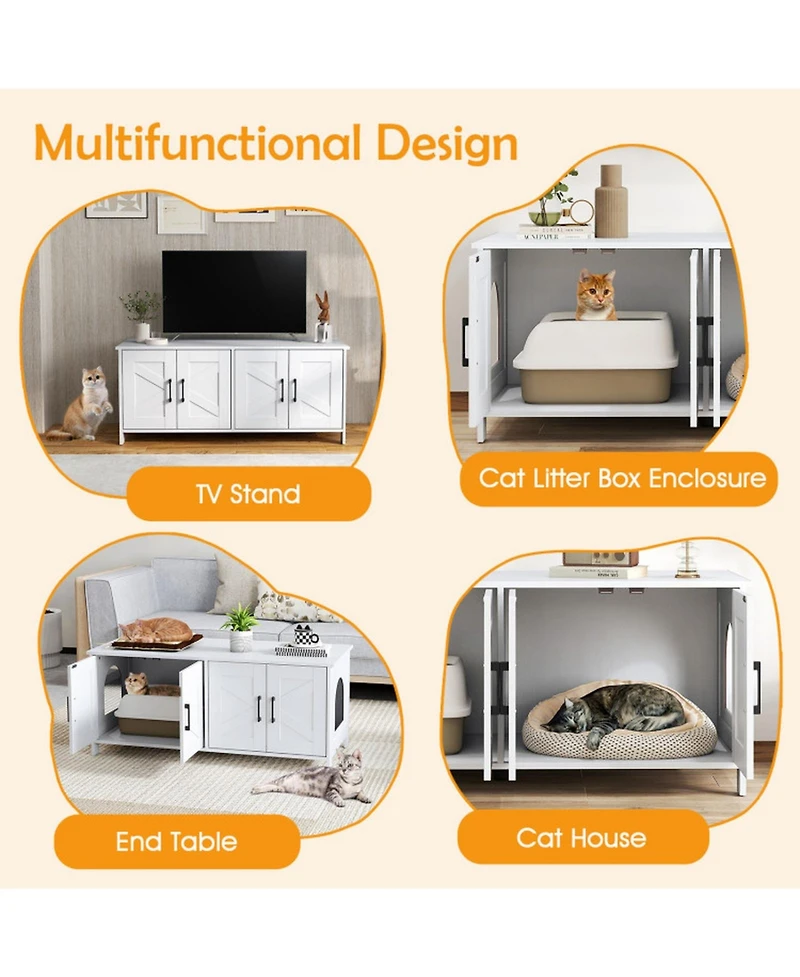 Hongge 48 in Cat Litter Box Enclosure for 2 Cats with Barn Doors and Large Tabletop