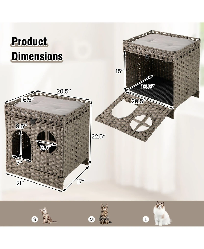 Hongge Foldable 2-Tier Rattan Cat Litter Box Enclosure with Litter Mat and Cushioned Top