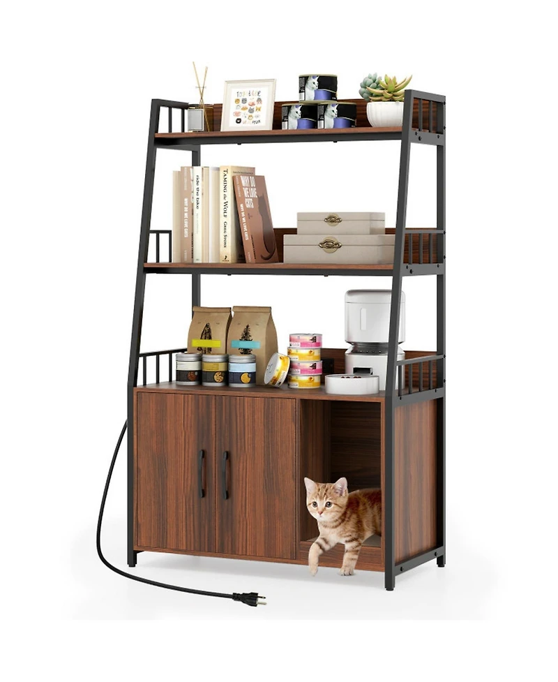 Hongge Cat Litter Box Enclosure with Storage Shelves Power Station and Scratching Pad