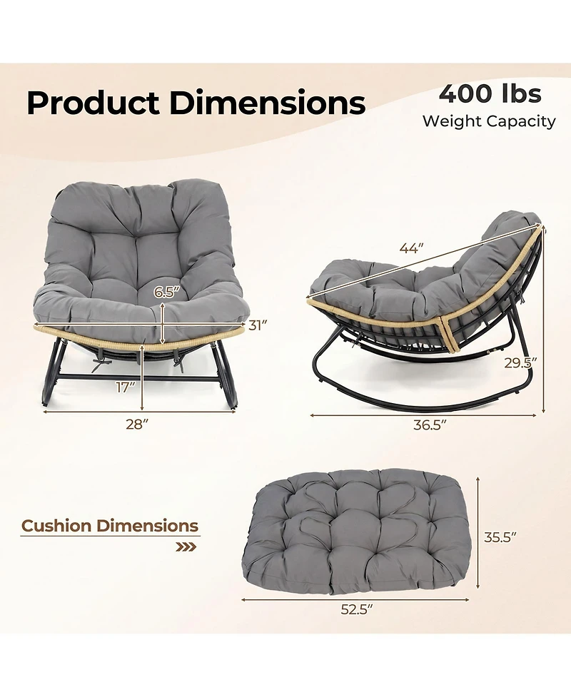 Gymax Outdoor Papasan Rocking Chair Oversized Egg-shaped Rocker with Thick Cushioned Seat