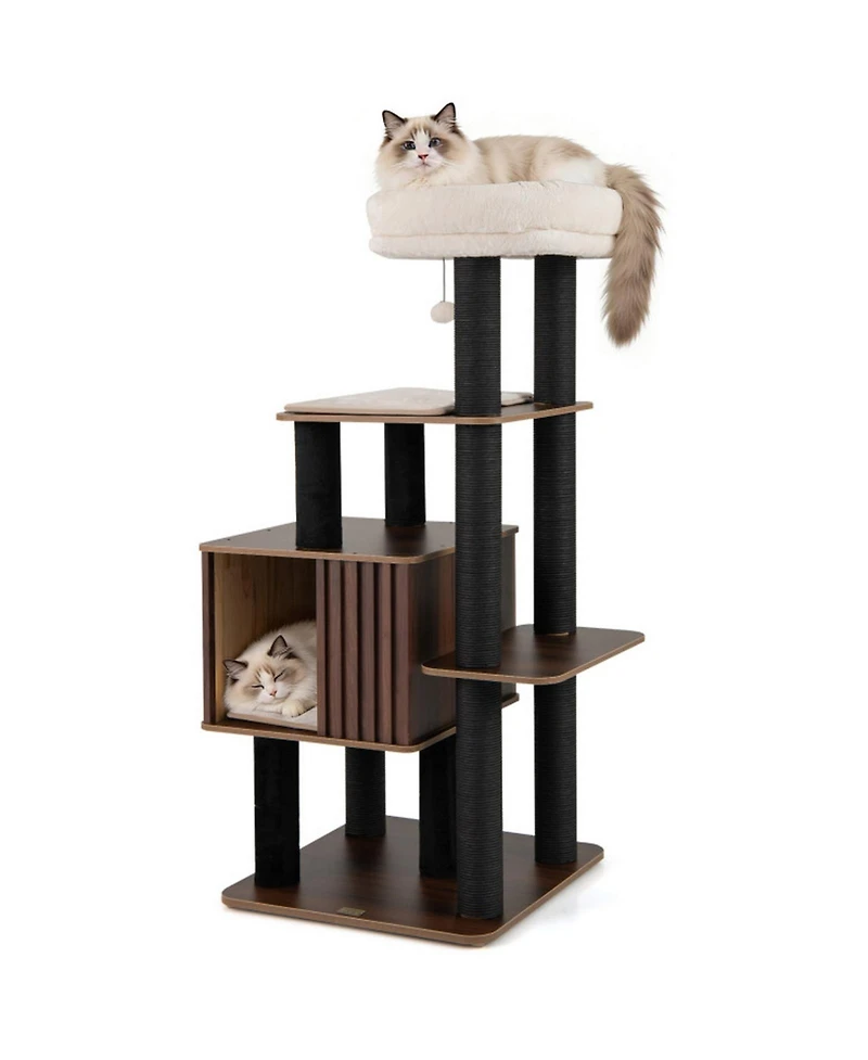 Hongge 53.5 Inch Wooden Cat Tower with Extra-Wide Padded Top Perch