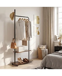 Hongge Freestanding Industrial Clothing Rack with 2 Wooden Shelves and Rolling Wheels