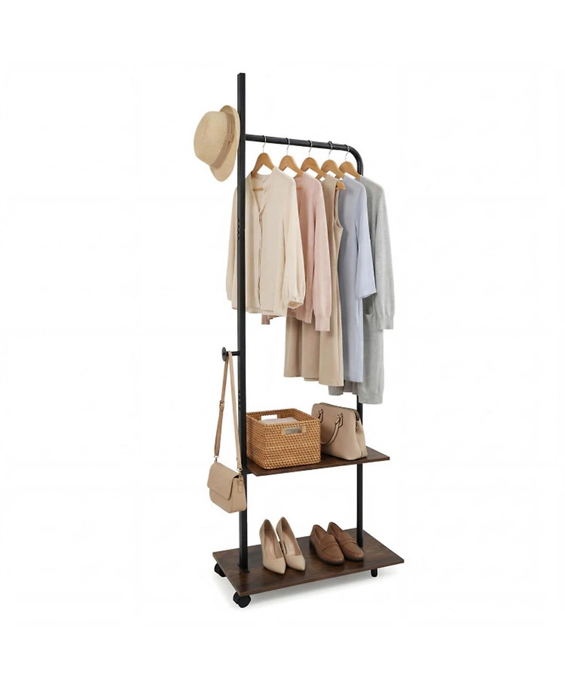 Hongge Freestanding Industrial Clothing Rack with 2 Wooden Shelves and Rolling Wheels