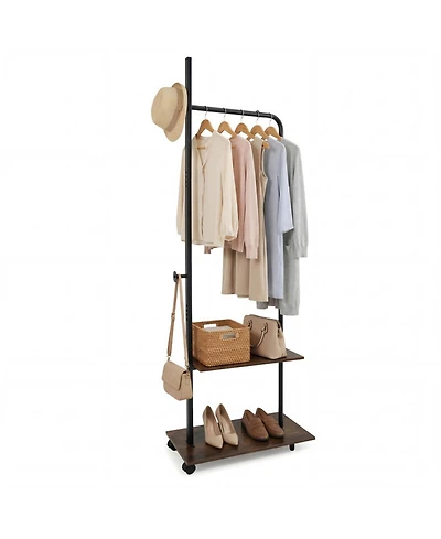 Hongge Freestanding Industrial Clothing Rack with 2 Wooden Shelves and Rolling Wheels