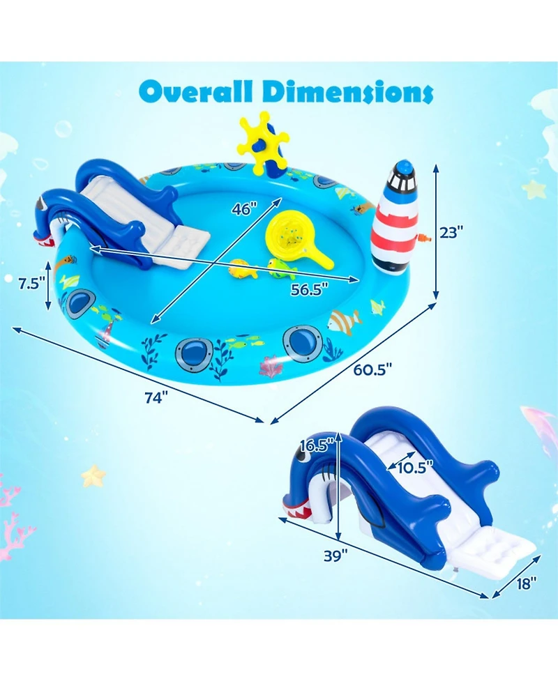 Hongge Marine Life Inflatable Spray Pool Play Center with Shark Slide, 74"L x 60.2"W x 24.8"H, 43-Gallon Capacity, Ages 2+