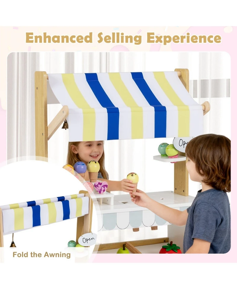 Hongge 2-in-1 Wooden Ice Cream Cart and Grocery Store Playset for Kids