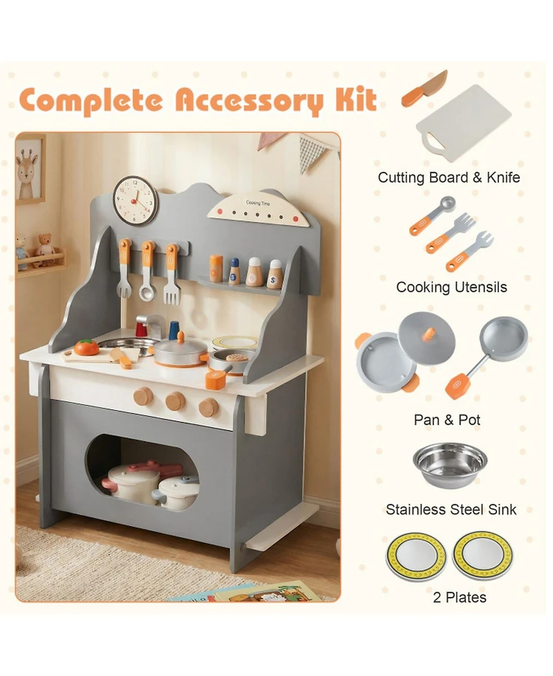Hongge Wooden Learning Clock Play Kitchen, 12-Piece Set, Ages 3+