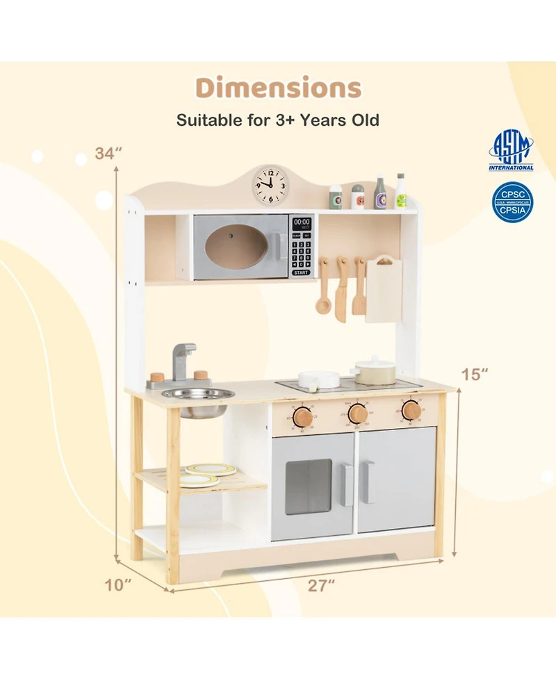 Hongge Printed Clock Wooden Toy Kitchen, 13-Piece, Ages 3+