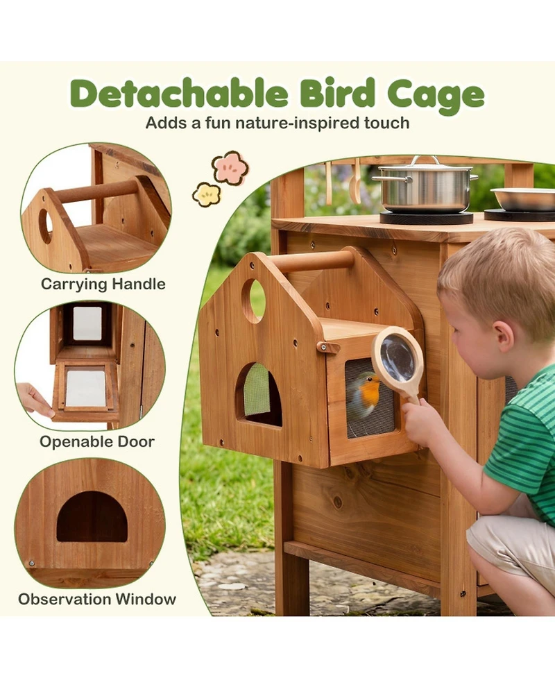 Hongge Outdoor Mud Kitchen with Removable Birdcage and Planter Box, Ages 3+