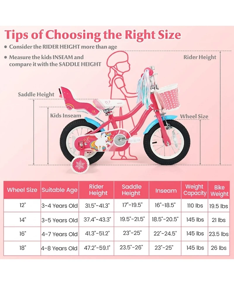 Hongge 12-Inch Girls' Bike with Doll Seat, Front Basket and Training Wheels, Ages 3-4
