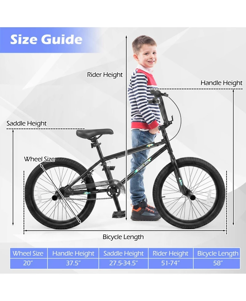 Hongge 20-Inch Freestyle Bmx with 360-Degree Steering Bike, 110 lb. Capacity, Ages 8+