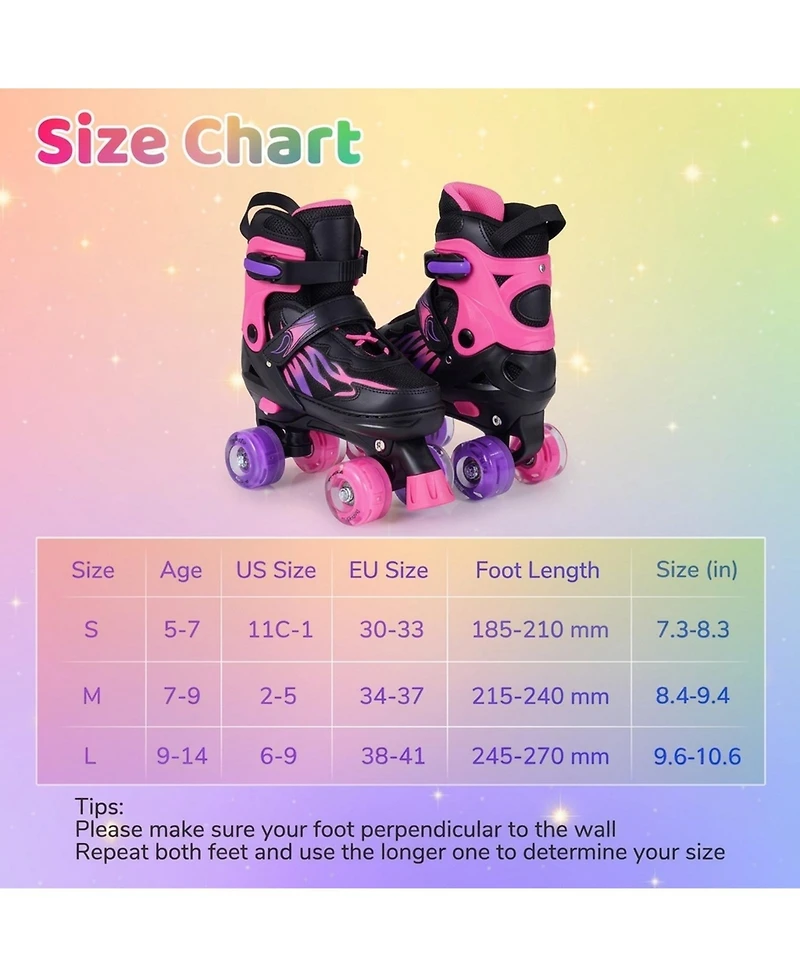 Hongge Kids Adjustable Outdoor Quad Roller Skates with Light-Up Wheels Ages 7-9