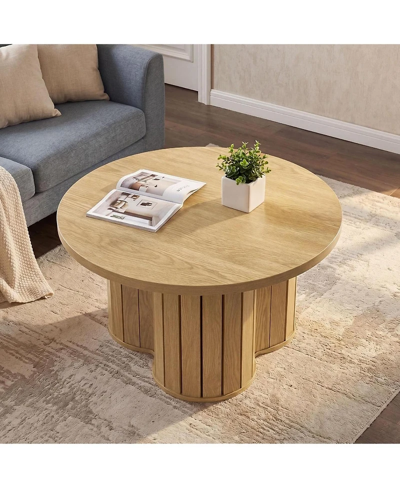 Tribesigns Round Coffee Table, 31.5" Wooden Circle Coffee Table with Three-lobed Grille Base, Small Accent Center Table
