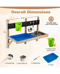 Gymax Outdoor Wall Mounted Mud Kitchen for Kids Wooden Play Kitchen with Sink Faucet