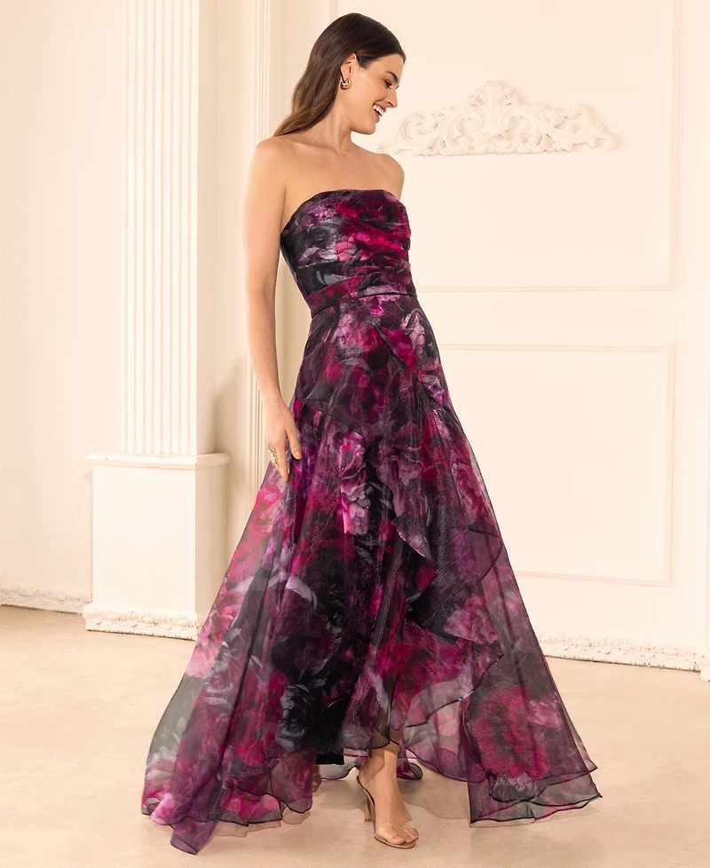 Betsy & Adam Women's Strapless Floral Organza A-Line Gown