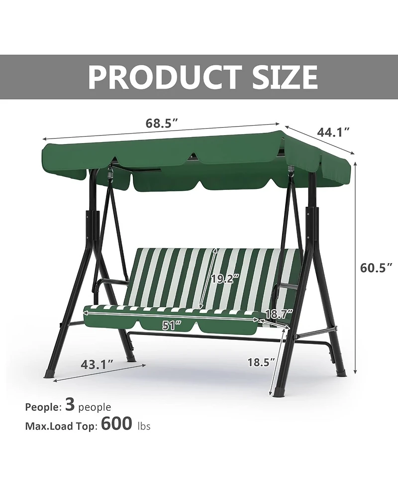 homfan Outdoor Porch Swing with Adjustable Canopy and Stand, 3-Seat Patio Swing Chair for Garden Backyard