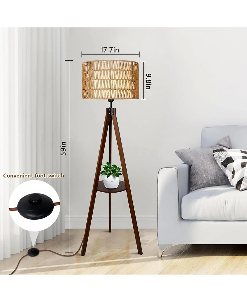 Modern Tripod Floor Lamp with Natural Rattan Shade and Built-in Shelf