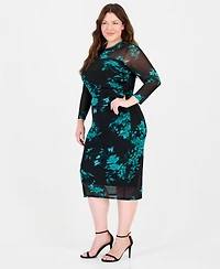 Anne Klein Plus Size Long-Sleeve Floral-Print Boat Neck Midi Dress