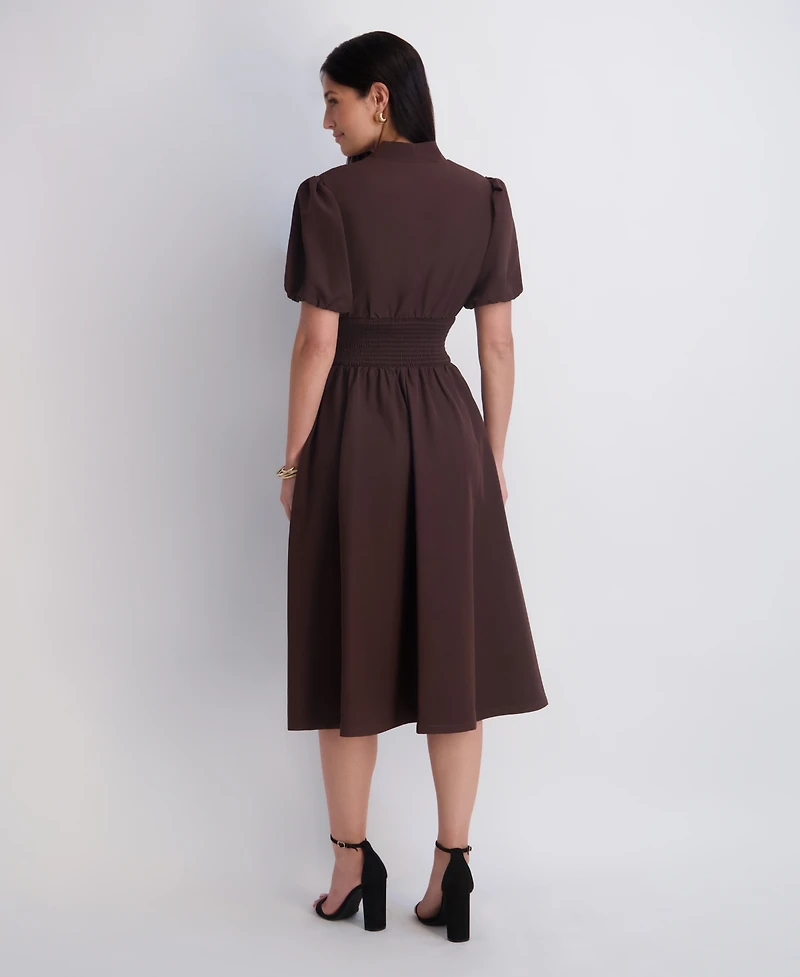 Kensie Women's Puff-Sleeve Smocked-Waist A-Line Midi Dress