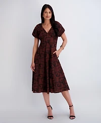Kensie Women's Embroidered V-Neck A-Line Midi Dress