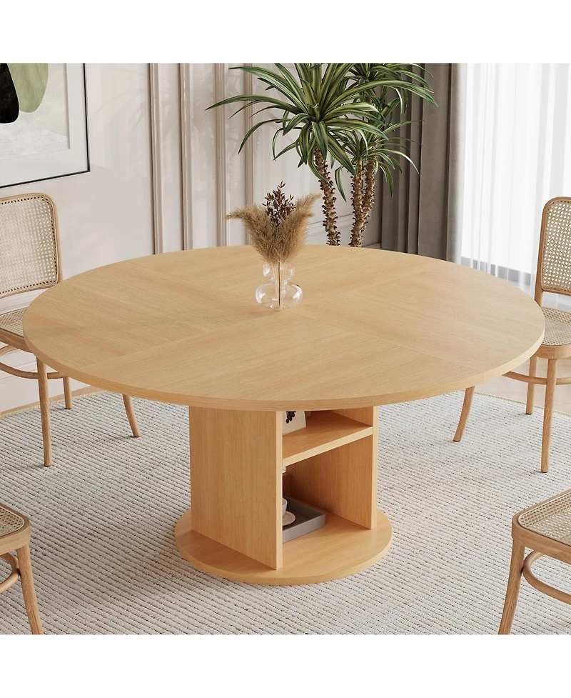 homfan 47.24" round farmhouse dining table seats 4-6, featuring a sturdy wood base and 2-layer storage shelf for kitchen or dining spaces.