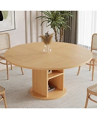 homfan 47.24" round farmhouse dining table seats 4-6, featuring a sturdy wood base and 2-layer storage shelf for kitchen or dining spaces.