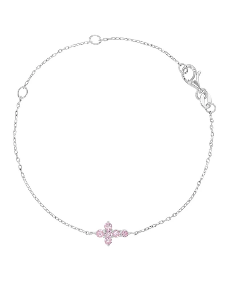 Macy's Rhodium Over Sterling Silver Pink Cubic Zirconia Cross Bracelet