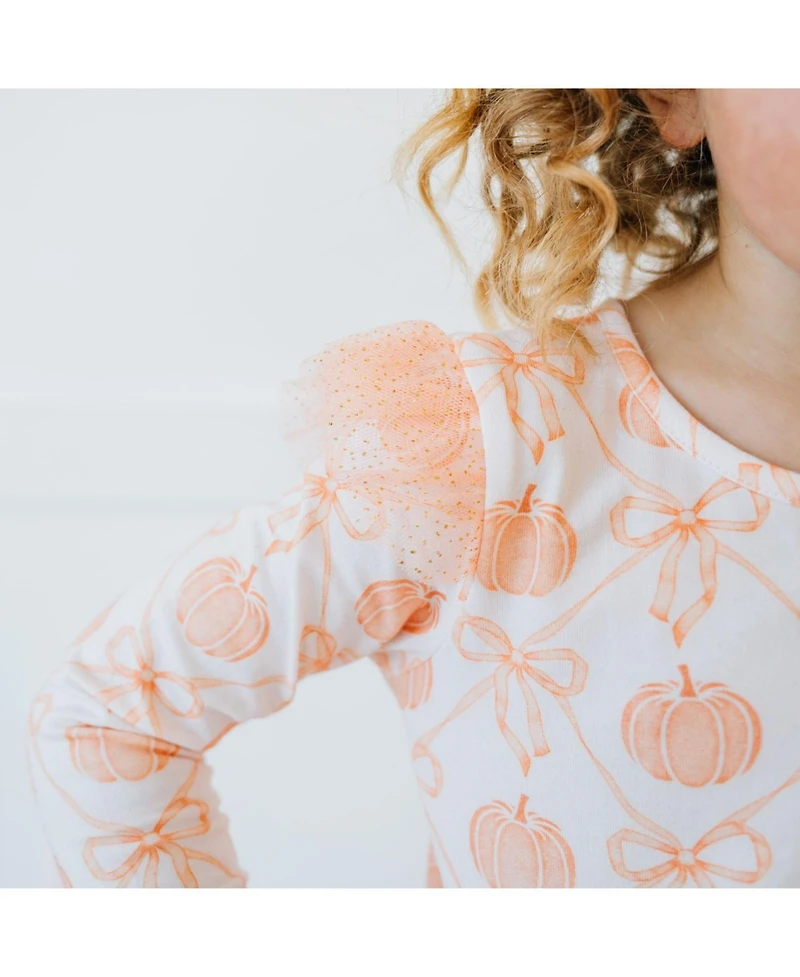 Sweet Wink Little Girls Pumpkin Bow Trellis Long Sleeve Tutu Dress