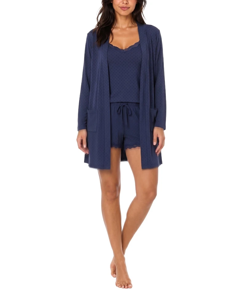 Jaclyn Intimates Long-Sleeve Delicate Dot Textured Rib, 3-Piece Pajama Set
