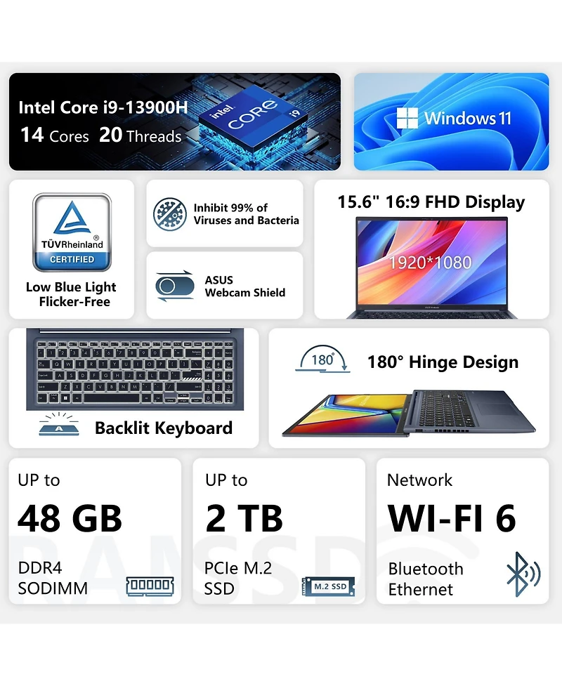 Asus Vivobook 15.6" Traditional Laptop Intel Core i9 16GB Ram Intel Uhd Graphics 2TB Ssd Storage Windows 11 Home 60Hz