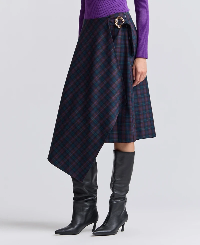 Avec Les Filles Women's Plaid Asymmetrical Wrap Midi Skirt