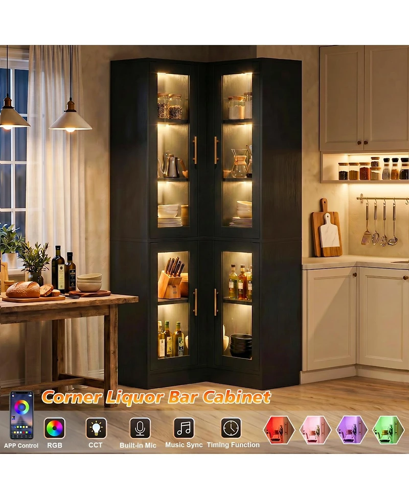 Aheaplus Tall 5-Tier Corner Pantry Cabinet with Glass Doors and Led Lights