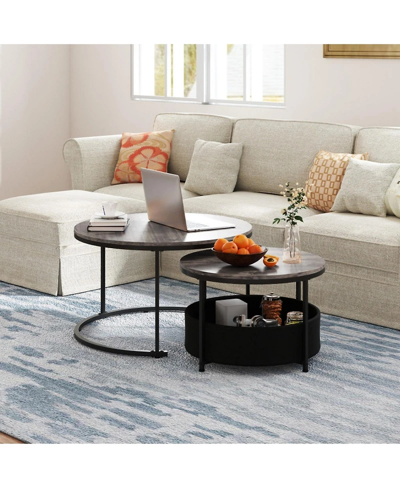 Sugift Round Coffee Table Set of 2 31.5in and 24in Circle Cocktail Tables with Fabric Storage Basket