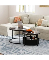 Sugift Round Coffee Table Set of 2 31.5in and 24in Circle Cocktail Tables with Fabric Storage Basket