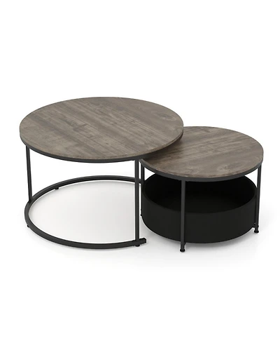 Sugift Round Coffee Table Set of 2 31.5in and 24in Circle Cocktail Tables with Fabric Storage Basket