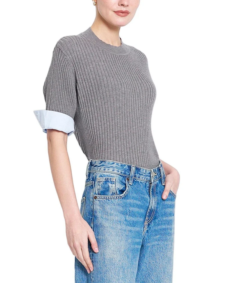 Central Park West Women's Sienna Shirt Cuff Crewneck Short-Sleeve Sweater