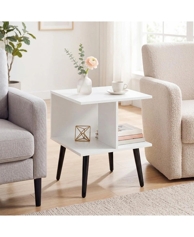 Sugift 2-Tier Mid Century Modern End Table with 2 Compartments and Metal Legs