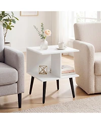 Sugift 2-Tier Mid Century Modern End Table with 2 Compartments and Metal Legs