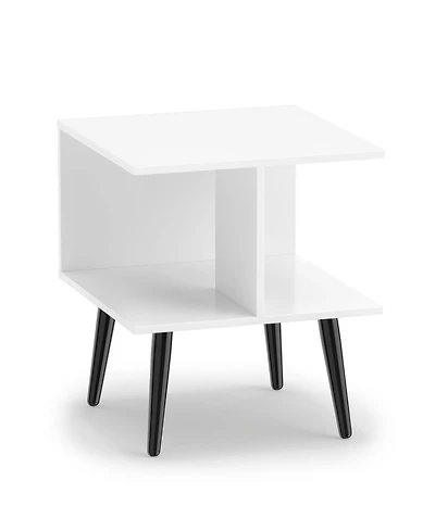 Sugift 2-Tier Mid Century Modern End Table with 2 Compartments and Metal Legs