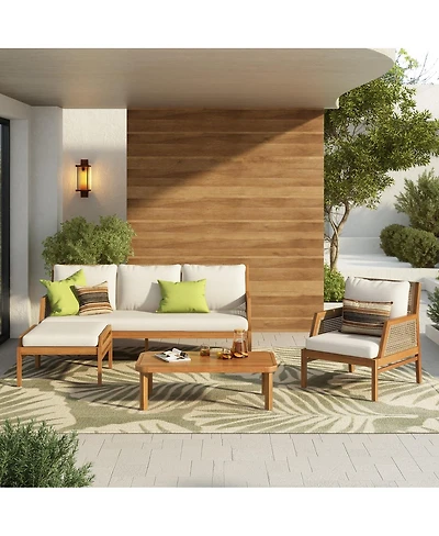 Asagikoiai 4-Piece Acacia Wood Outdoor Sectional Sofa Set with Coffee Table