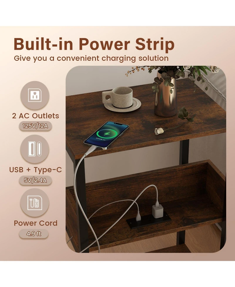 Sugift 3-Tier Side End Table with Hidden Charging Station and Open Shelves