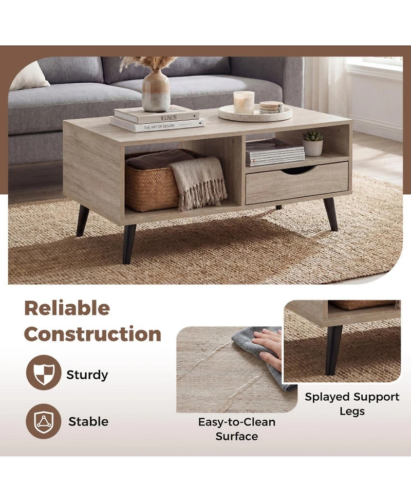Sugift Rectangle Coffee Table with Storage Shelf and Drawer Center Table