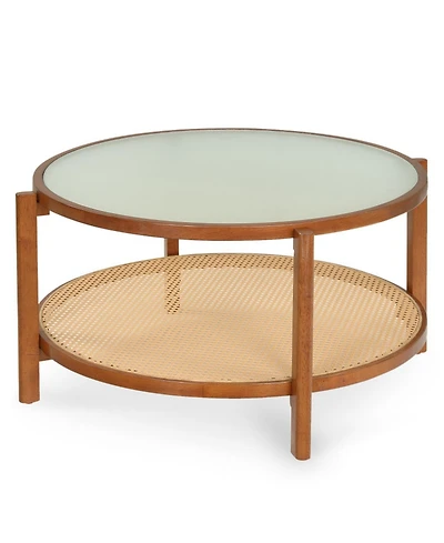 Sugift 2-Tier Rattan Coffee Table with Frosted Tempered Glass Top and Wood Legs