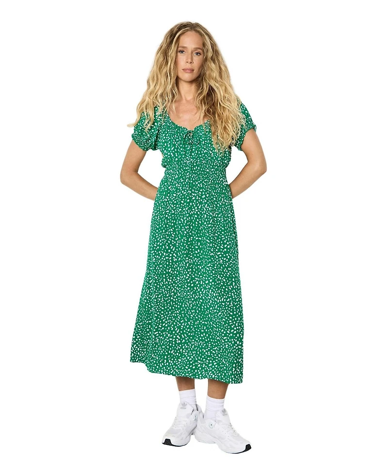Apricot Women's Milkmaid Midi Spot Printed Smocked-Waist Puff-Sleeve Dress