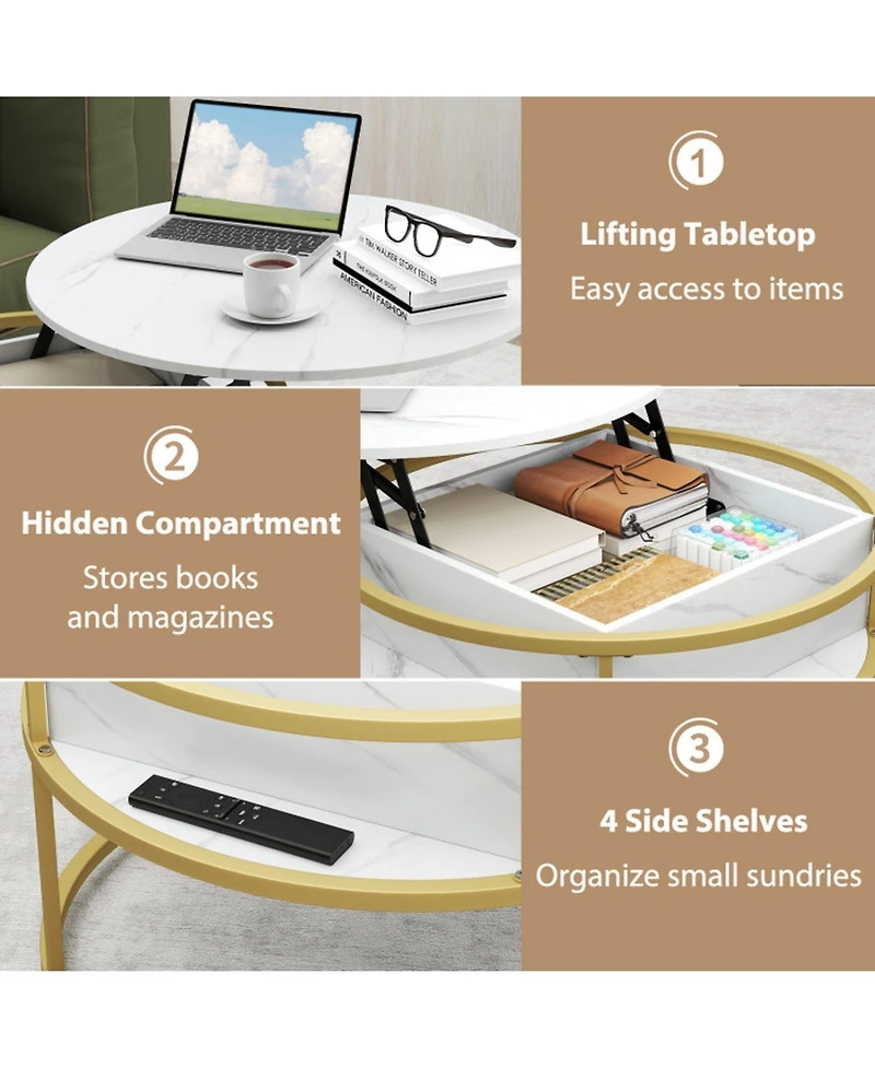 Sugift 31.5 in Round Lift Top Coffee Table with Hidden Compartment and Side Shelves
