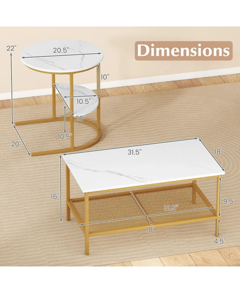 Sugift 2-Tier Rectangle Coffee Table and Side End Table Set with Storage Shelves Faux Marble Top
