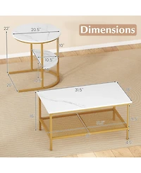 Sugift 2-Tier Rectangle Coffee Table and Side End Table Set with Storage Shelves Faux Marble Top