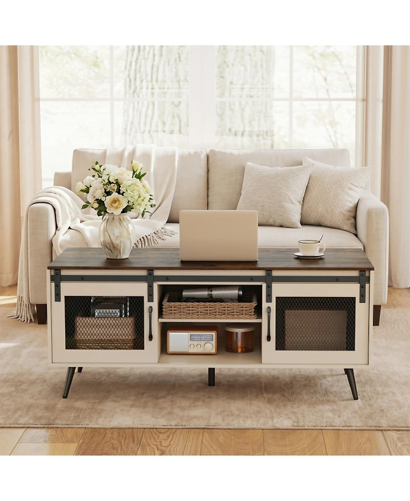Sugift Farmhouse Coffee Table with Sliding Doors and 3-Position Adjustable Shelf