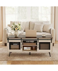 Sugift Farmhouse Coffee Table with Sliding Doors and 3-Position Adjustable Shelf